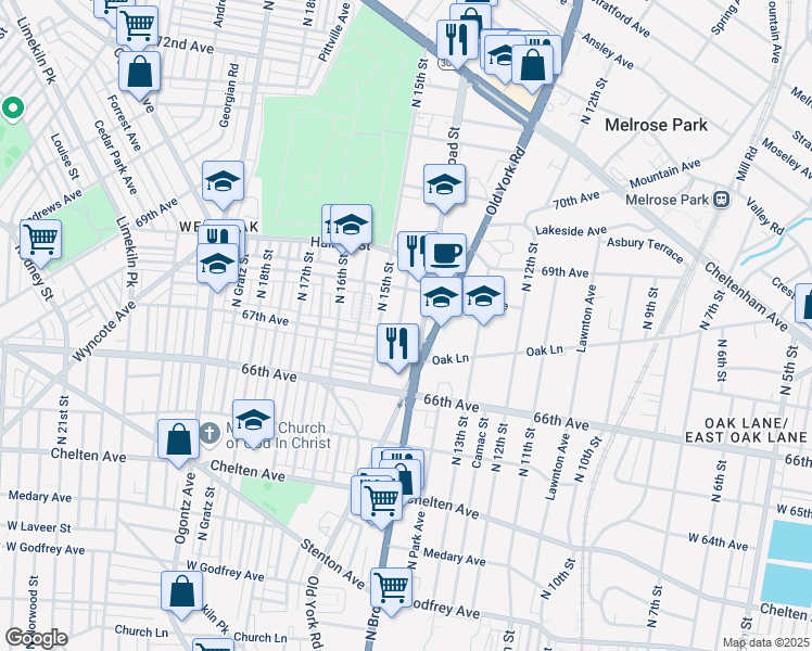 map of restaurants, bars, coffee shops, grocery stores, and more near 6727 North Broad Street in Philadelphia