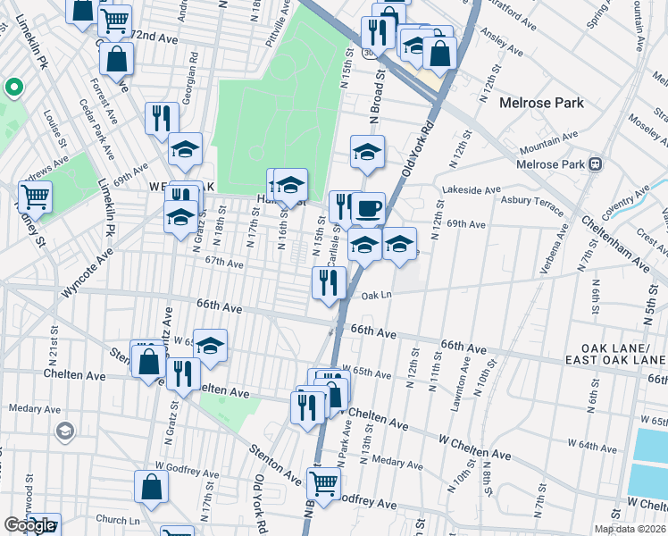 map of restaurants, bars, coffee shops, grocery stores, and more near 6715 North 15th Street in Philadelphia