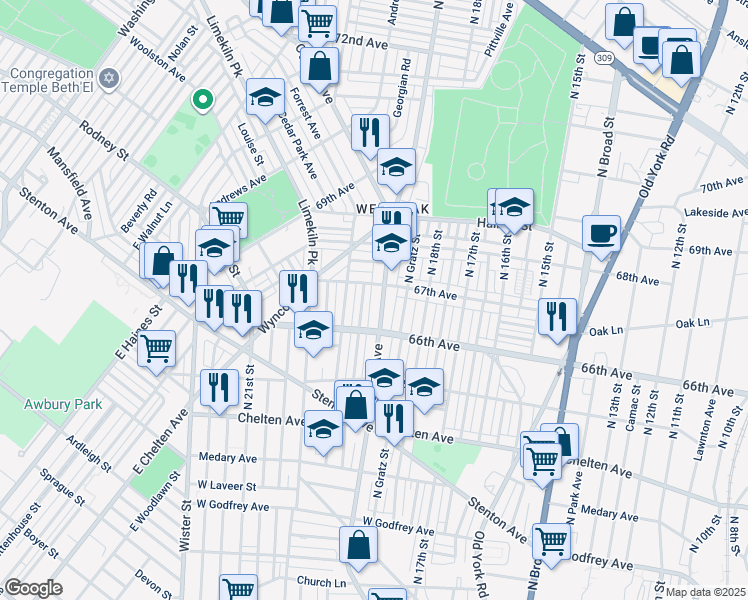map of restaurants, bars, coffee shops, grocery stores, and more near 6642 Ogontz Avenue in Philadelphia