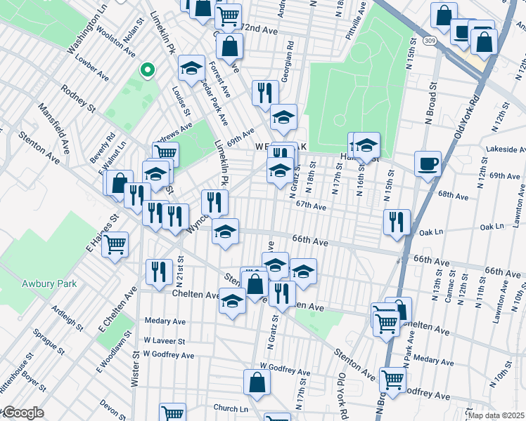 map of restaurants, bars, coffee shops, grocery stores, and more near 6641 North Uber Street in Philadelphia