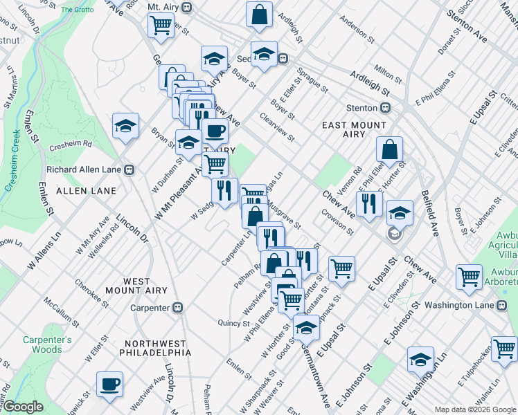 map of restaurants, bars, coffee shops, grocery stores, and more near 6835 Musgrave Street in Philadelphia