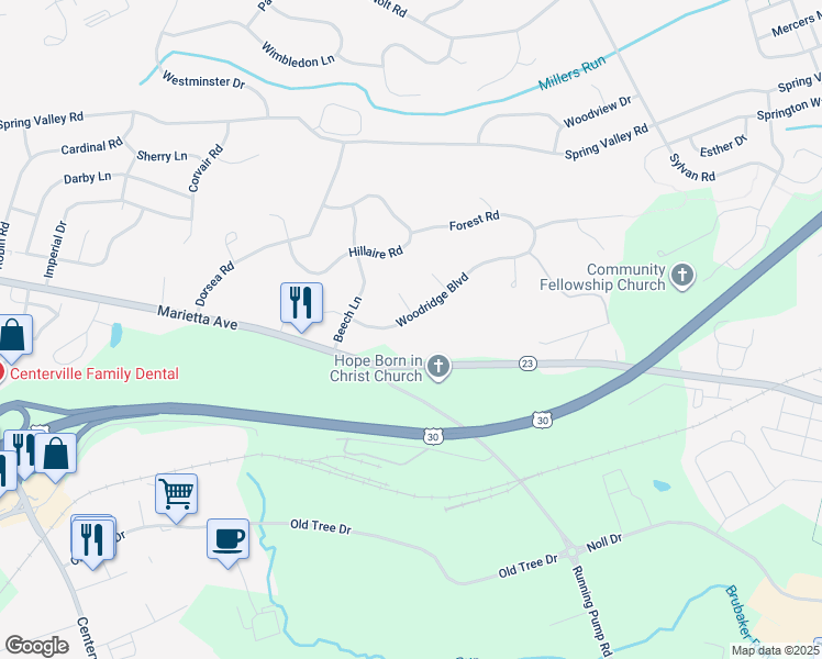 map of restaurants, bars, coffee shops, grocery stores, and more near 1004 Woodridge Boulevard in Lancaster