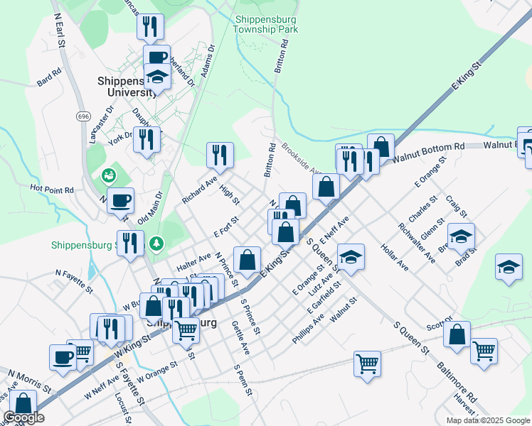 map of restaurants, bars, coffee shops, grocery stores, and more near 344 East Fort Street in Shippensburg
