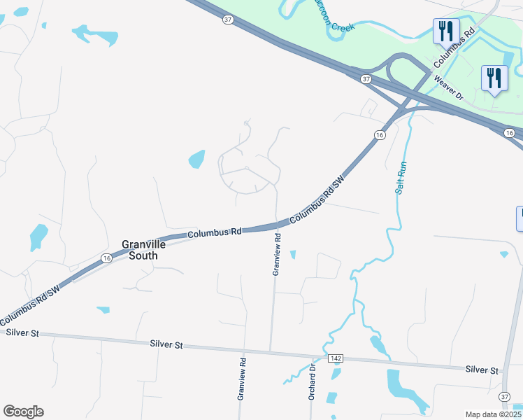 map of restaurants, bars, coffee shops, grocery stores, and more near 2210 Columbus Road in Granville