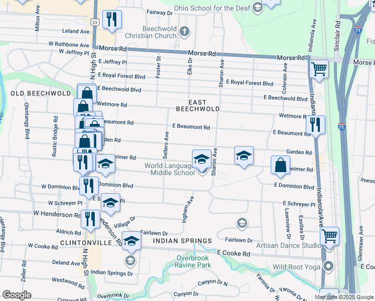 map of restaurants, bars, coffee shops, grocery stores, and more near 301 Garden Road in Columbus
