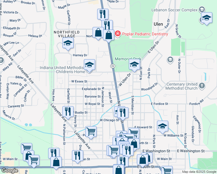 map of restaurants, bars, coffee shops, grocery stores, and more near 1015 North Jameson Street in Lebanon