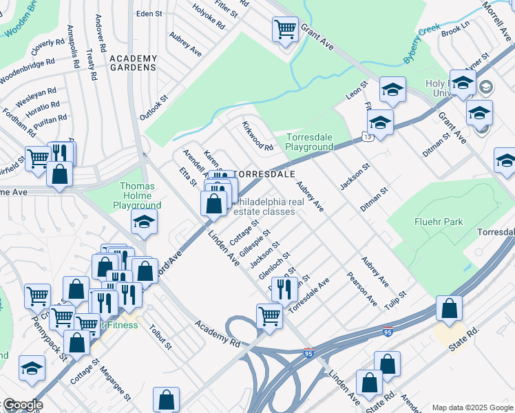 map of restaurants, bars, coffee shops, grocery stores, and more near 9317 Walker Street in Philadelphia