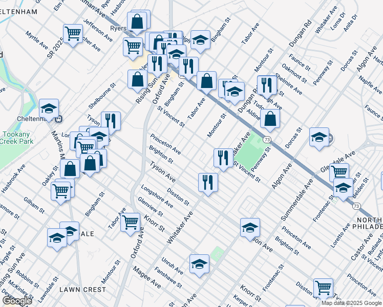 map of restaurants, bars, coffee shops, grocery stores, and more near 7108 Montour Street in Philadelphia