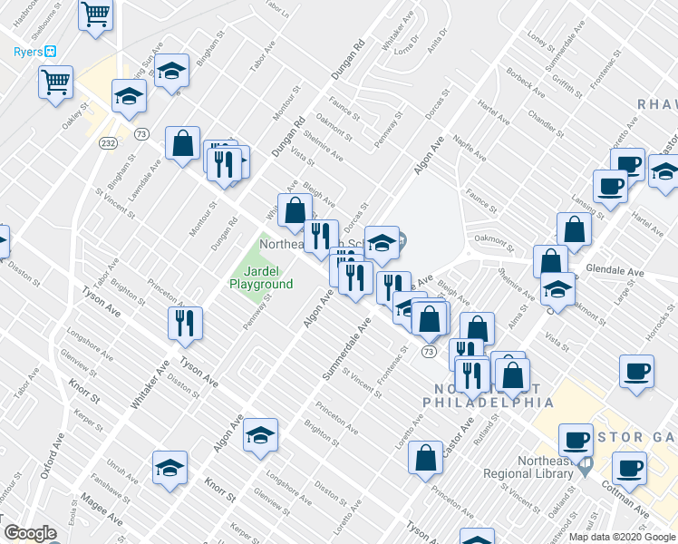 map of restaurants, bars, coffee shops, grocery stores, and more near 7300 Algon Avenue in Philadelphia