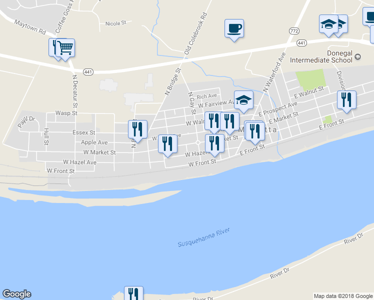 map of restaurants, bars, coffee shops, grocery stores, and more near 233 West Market Street in Marietta