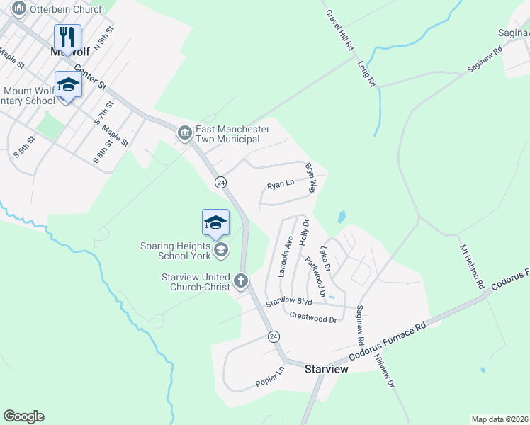 map of restaurants, bars, coffee shops, grocery stores, and more near 130 Ryan Lane in Mount Wolf