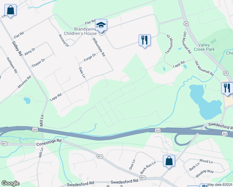 map of restaurants, bars, coffee shops, grocery stores, and more near 280 Lapp Rd in Malvern