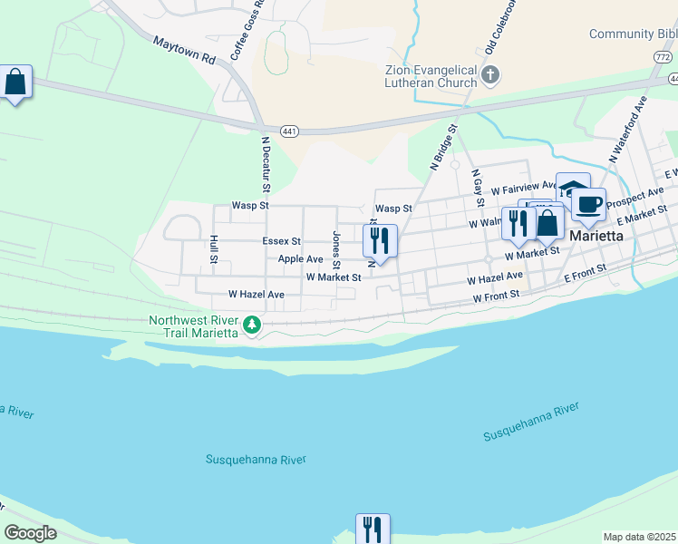 map of restaurants, bars, coffee shops, grocery stores, and more near 436 West Market Street in Marietta