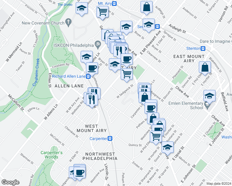 map of restaurants, bars, coffee shops, grocery stores, and more near 7024 Mower Street in Philadelphia