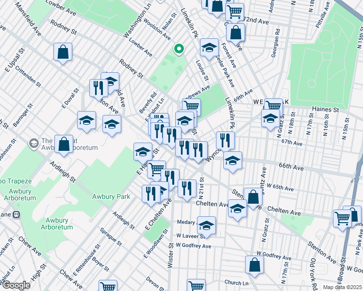 map of restaurants, bars, coffee shops, grocery stores, and more near 2149 Eastburn Ave in Philadelphia