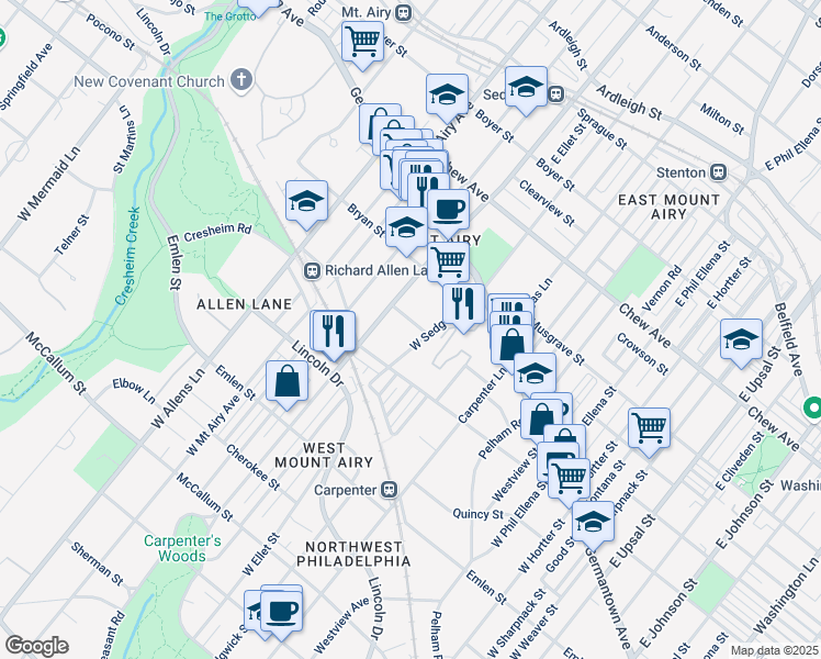map of restaurants, bars, coffee shops, grocery stores, and more near 7024 Mower Street in Philadelphia