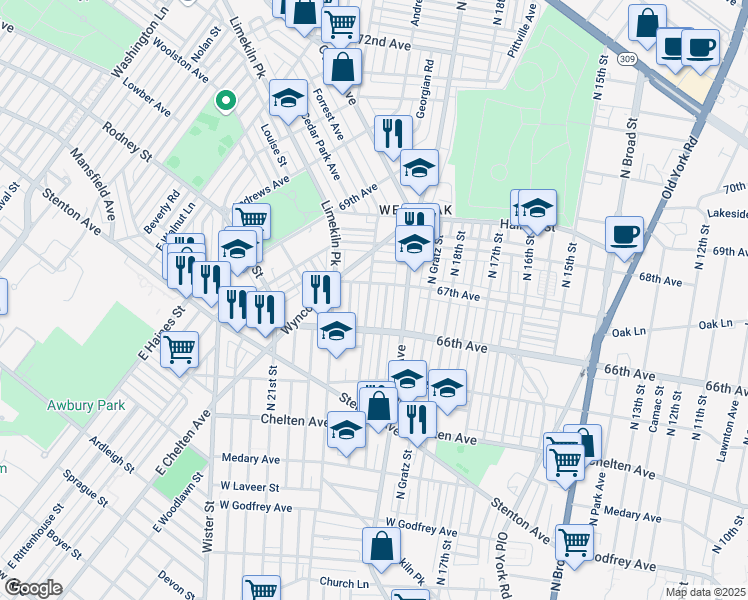 map of restaurants, bars, coffee shops, grocery stores, and more near 6641 North 20th Street in Philadelphia