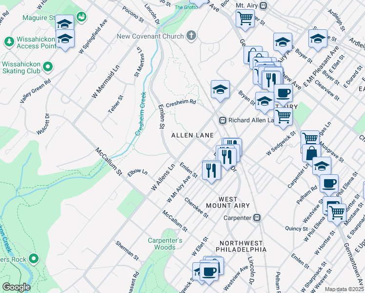 map of restaurants, bars, coffee shops, grocery stores, and more near 325 West Allens Lane in Philadelphia