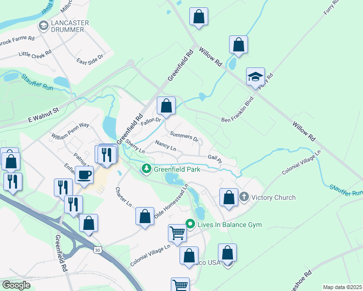 map of restaurants, bars, coffee shops, grocery stores, and more near 211 Summers Drive in Lancaster