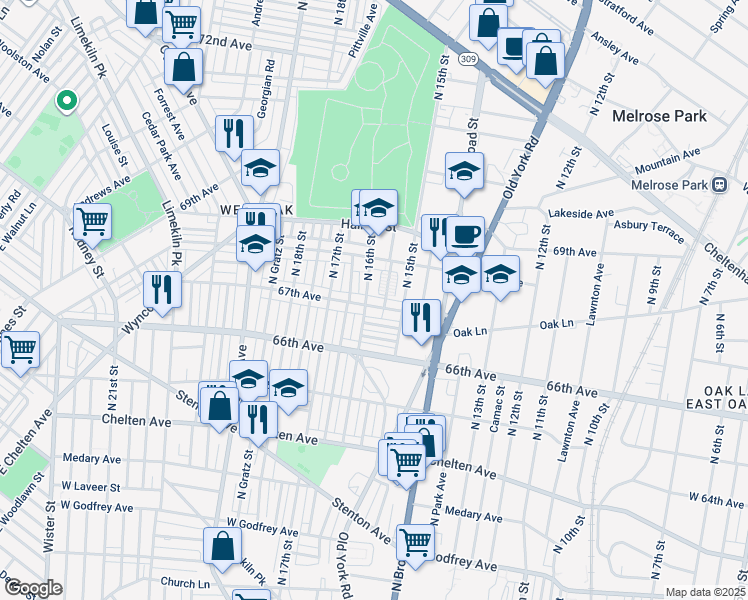 map of restaurants, bars, coffee shops, grocery stores, and more near 1537 67th Ave in Philadelphia