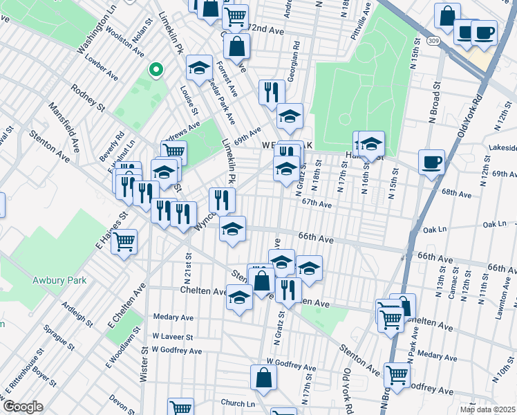 map of restaurants, bars, coffee shops, grocery stores, and more near 6641 North 20th Street in Philadelphia