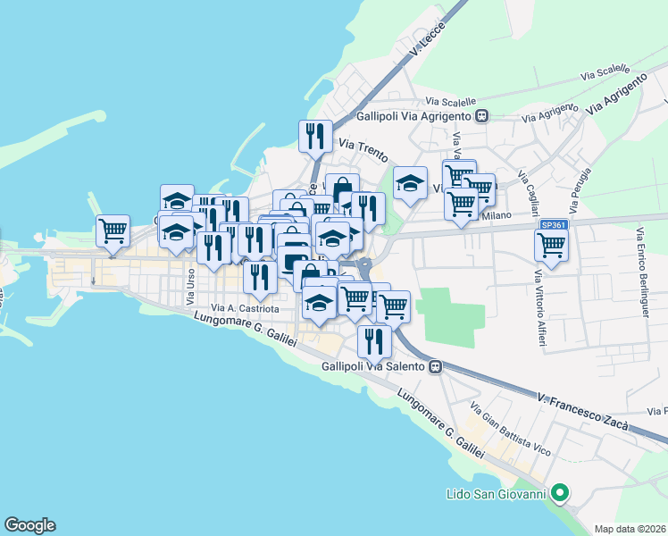 map of restaurants, bars, coffee shops, grocery stores, and more near 34 Corso Capo di Leuca in Gallipoli