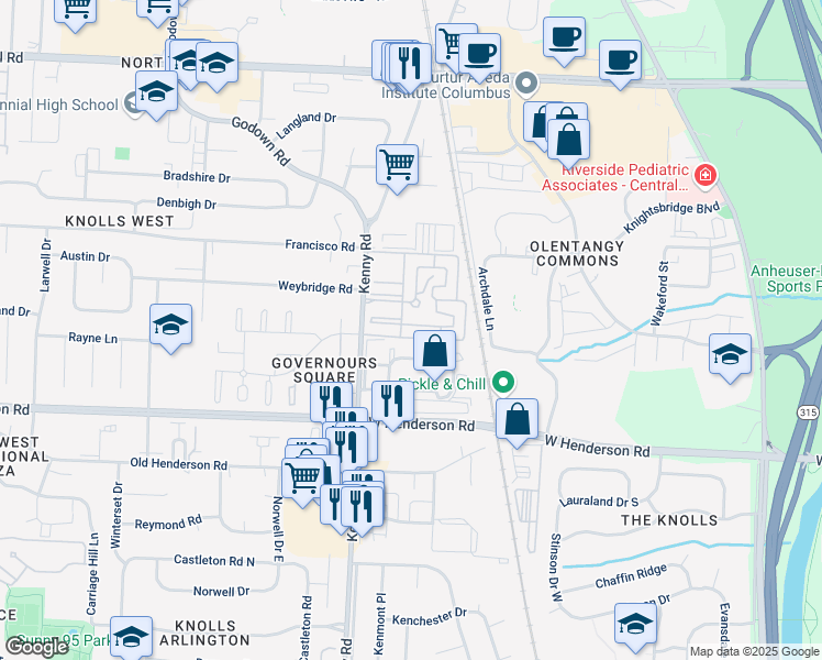map of restaurants, bars, coffee shops, grocery stores, and more near 1081 Bridgeway Circle in Columbus