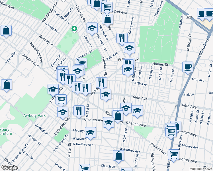 map of restaurants, bars, coffee shops, grocery stores, and more near 6637 Limekiln Pike in Philadelphia