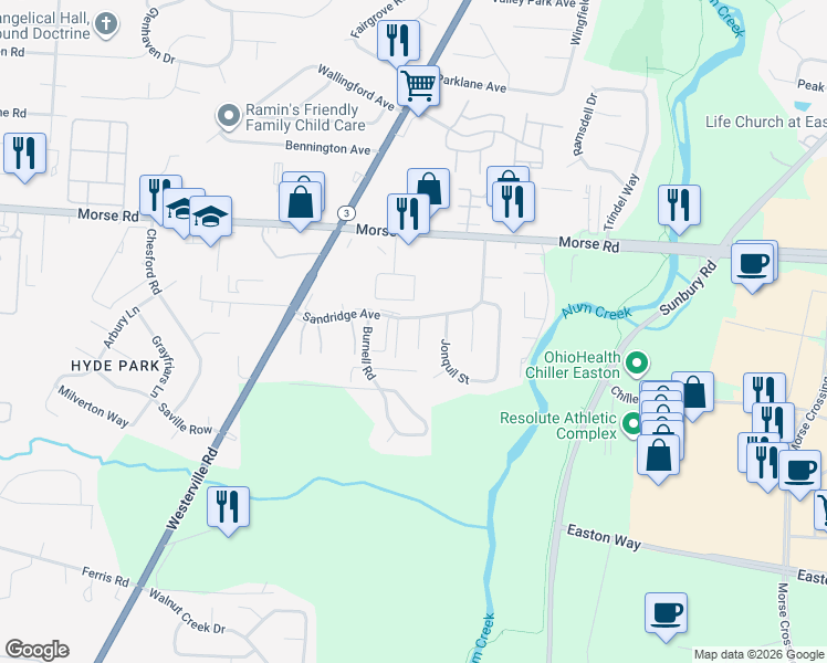 map of restaurants, bars, coffee shops, grocery stores, and more near 4169 Commander Lane in Columbus