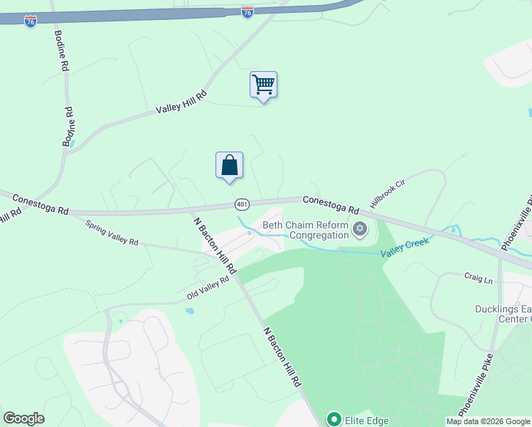 map of restaurants, bars, coffee shops, grocery stores, and more near 421 Conestoga Rd in Malvern