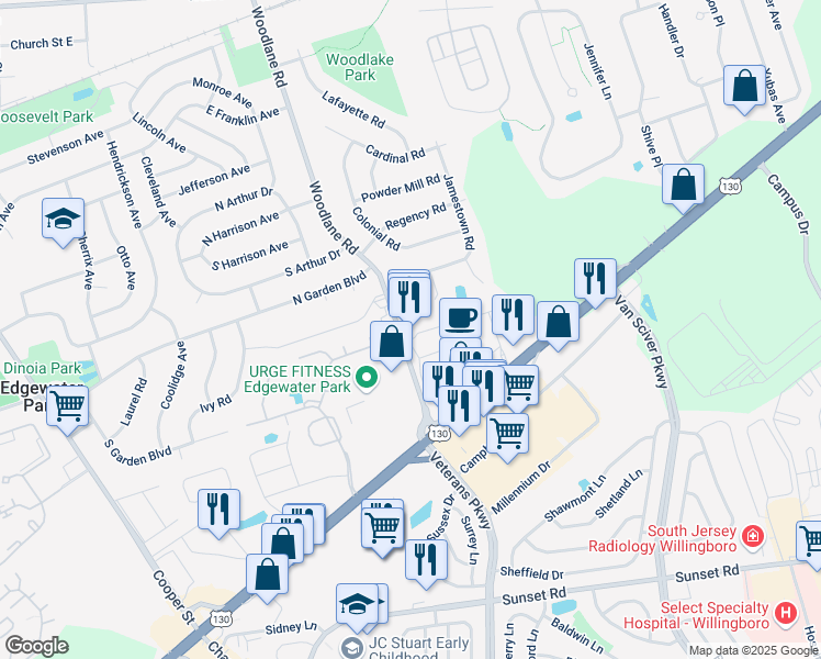 map of restaurants, bars, coffee shops, grocery stores, and more near 998 Woodlane Road in Edgewater Park
