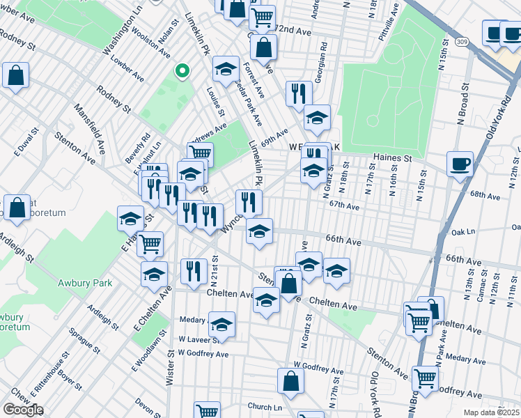 map of restaurants, bars, coffee shops, grocery stores, and more near 6637 Limekiln Pike in Philadelphia