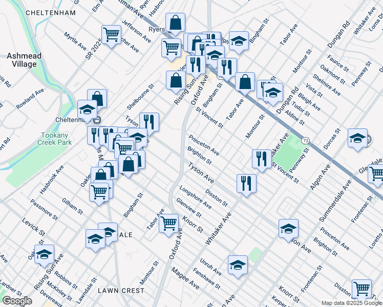 map of restaurants, bars, coffee shops, grocery stores, and more near 604 Brighton Street in Philadelphia