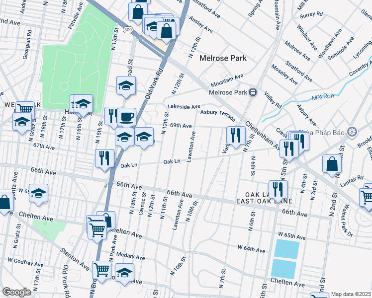 map of restaurants, bars, coffee shops, grocery stores, and more near 6742 Lawnton Avenue in Philadelphia