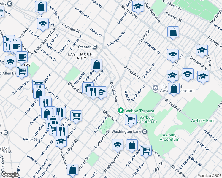 map of restaurants, bars, coffee shops, grocery stores, and more near 421 East Upsal Street in Philadelphia