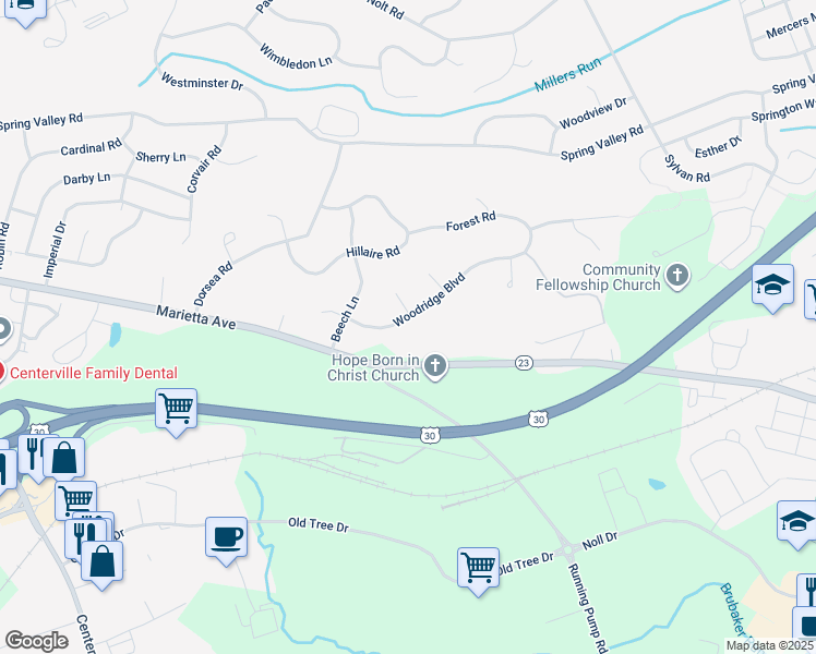 map of restaurants, bars, coffee shops, grocery stores, and more near 1004 Woodridge Boulevard in Lancaster