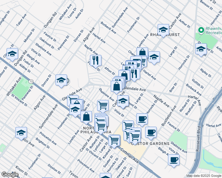 map of restaurants, bars, coffee shops, grocery stores, and more near 7517 Loretto Avenue in Philadelphia