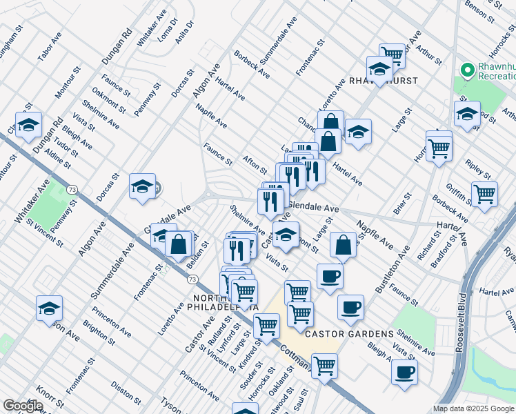 map of restaurants, bars, coffee shops, grocery stores, and more near 7517 Loretto Avenue in Philadelphia