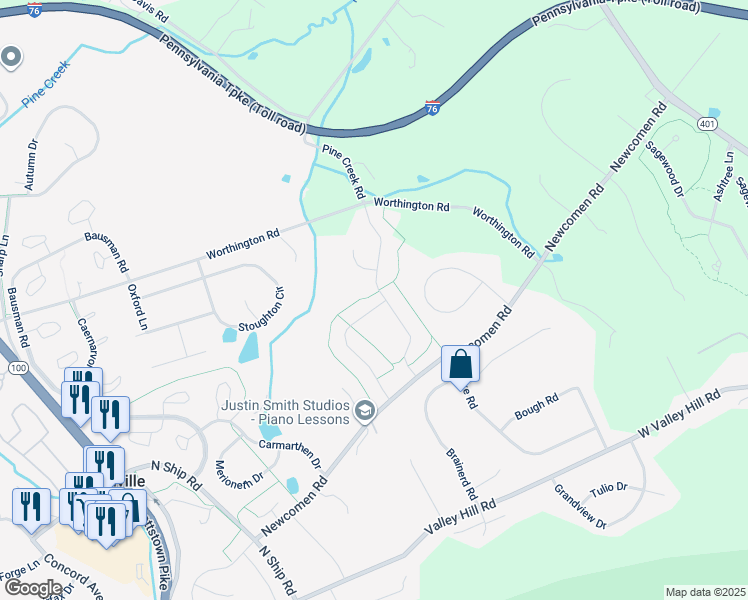 map of restaurants, bars, coffee shops, grocery stores, and more near 522 Cobbleskill Lane in Exton