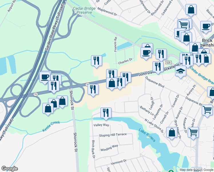 map of restaurants, bars, coffee shops, grocery stores, and more near 481 New Jersey 70 in Brick Township