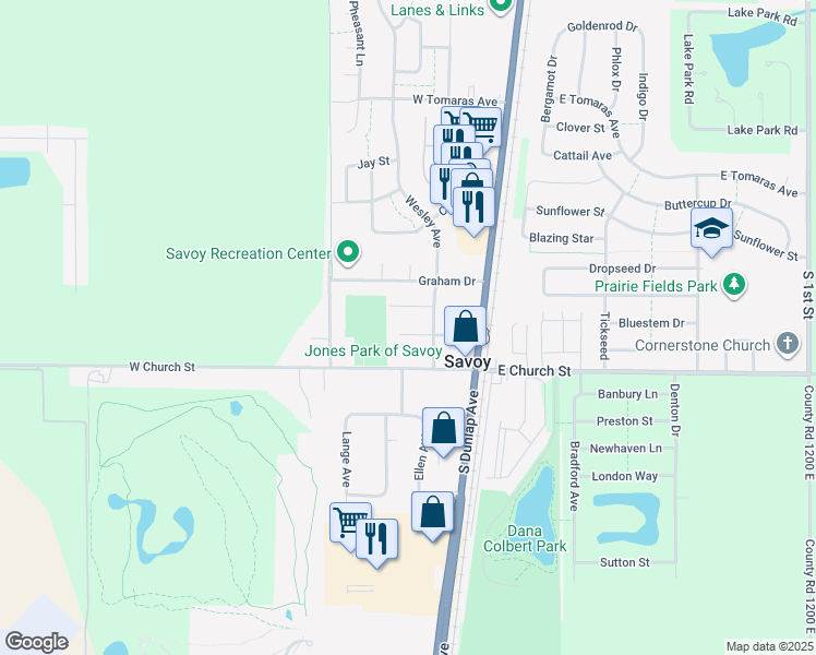map of restaurants, bars, coffee shops, grocery stores, and more near 208 West Main Street in Savoy