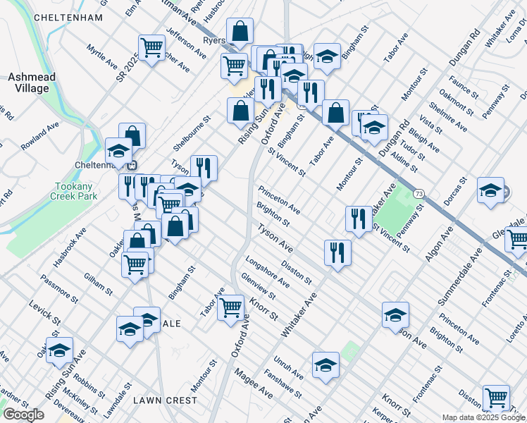 map of restaurants, bars, coffee shops, grocery stores, and more near 604 Brighton Street in Philadelphia