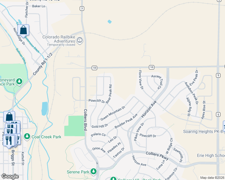 map of restaurants, bars, coffee shops, grocery stores, and more near 734 Bear Peak Road in Erie