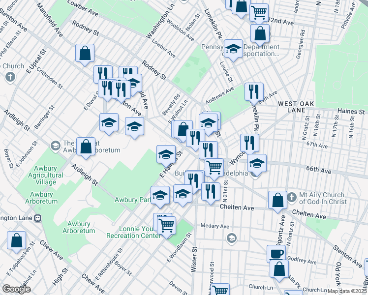 map of restaurants, bars, coffee shops, grocery stores, and more near 1408 East Haines Street in Philadelphia