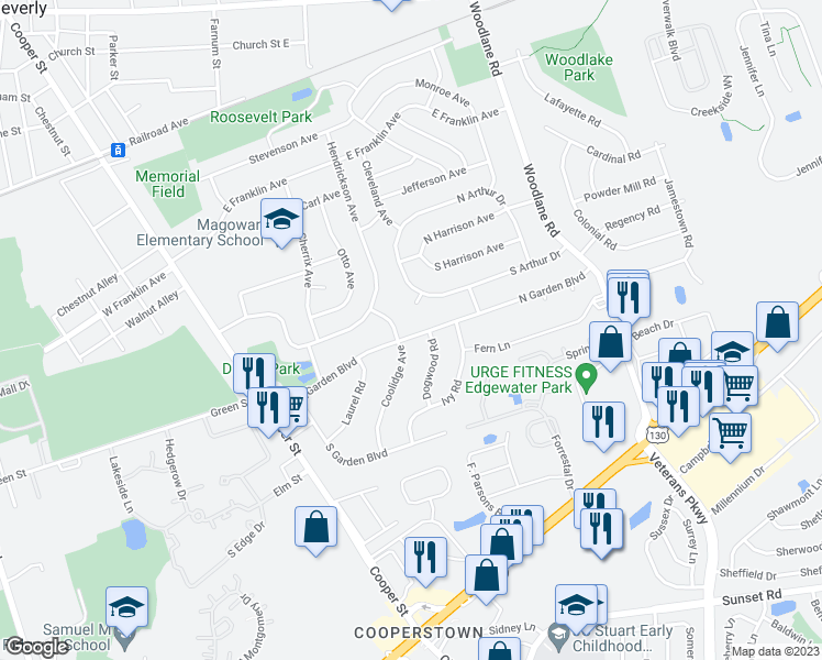 map of restaurants, bars, coffee shops, grocery stores, and more near 203 North Garden Boulevard in Beverly