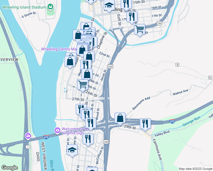 map of restaurants, bars, coffee shops, grocery stores, and more near U.S. 250 in Wheeling