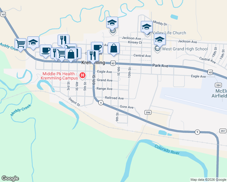 map of restaurants, bars, coffee shops, grocery stores, and more near 801 Range Avenue in Kremmling