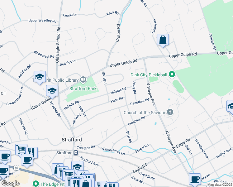 map of restaurants, bars, coffee shops, grocery stores, and more near 129 Hillside Road in Wayne