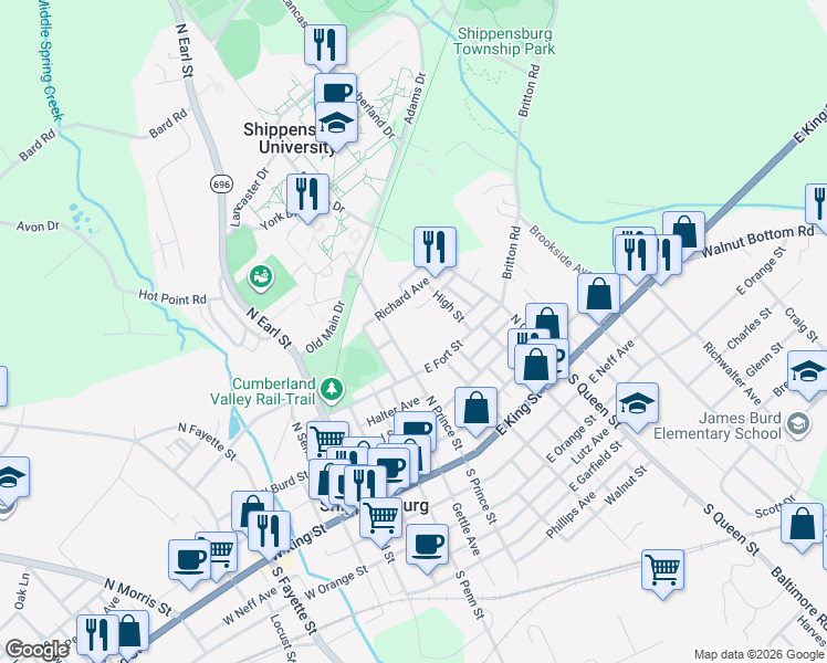 map of restaurants, bars, coffee shops, grocery stores, and more near 213 North Prince Street in Shippensburg