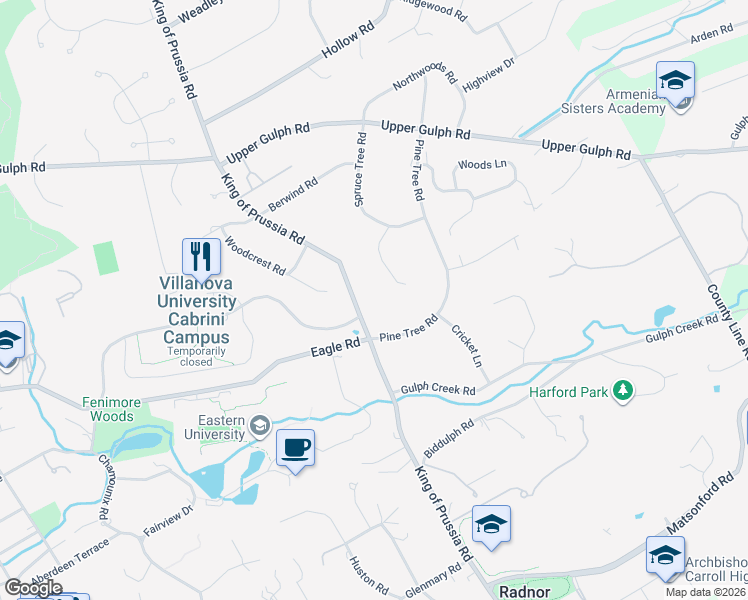 map of restaurants, bars, coffee shops, grocery stores, and more near 615 King of Prussia Road in Wayne